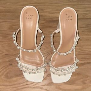 A New Day Women's Elegant Cream Heels with Pearl Details